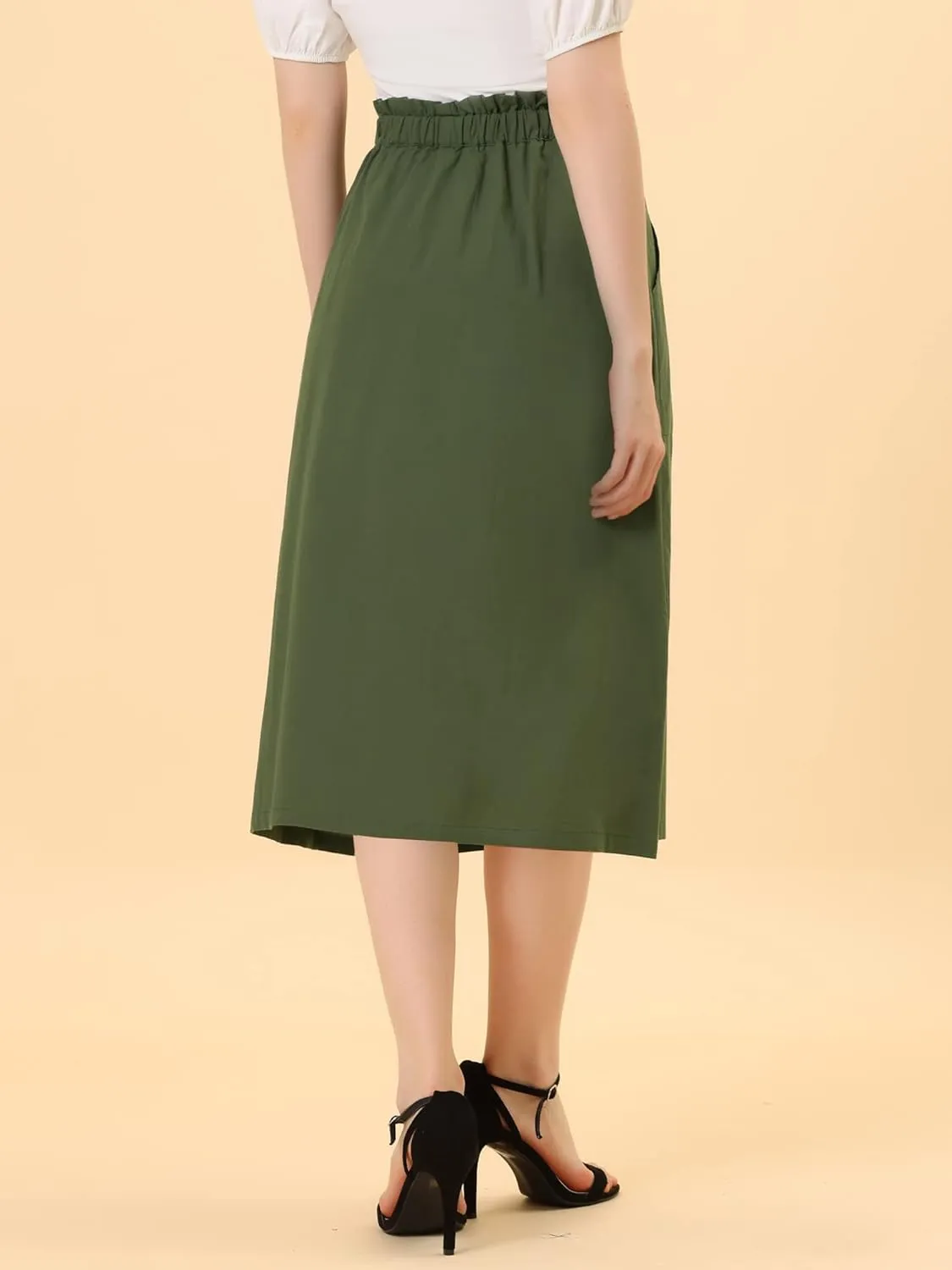 Allegra K Women's Casual Cotton Skirt Elastic Waist Scrub Peasant A-Line Midi Skirts with Pockets