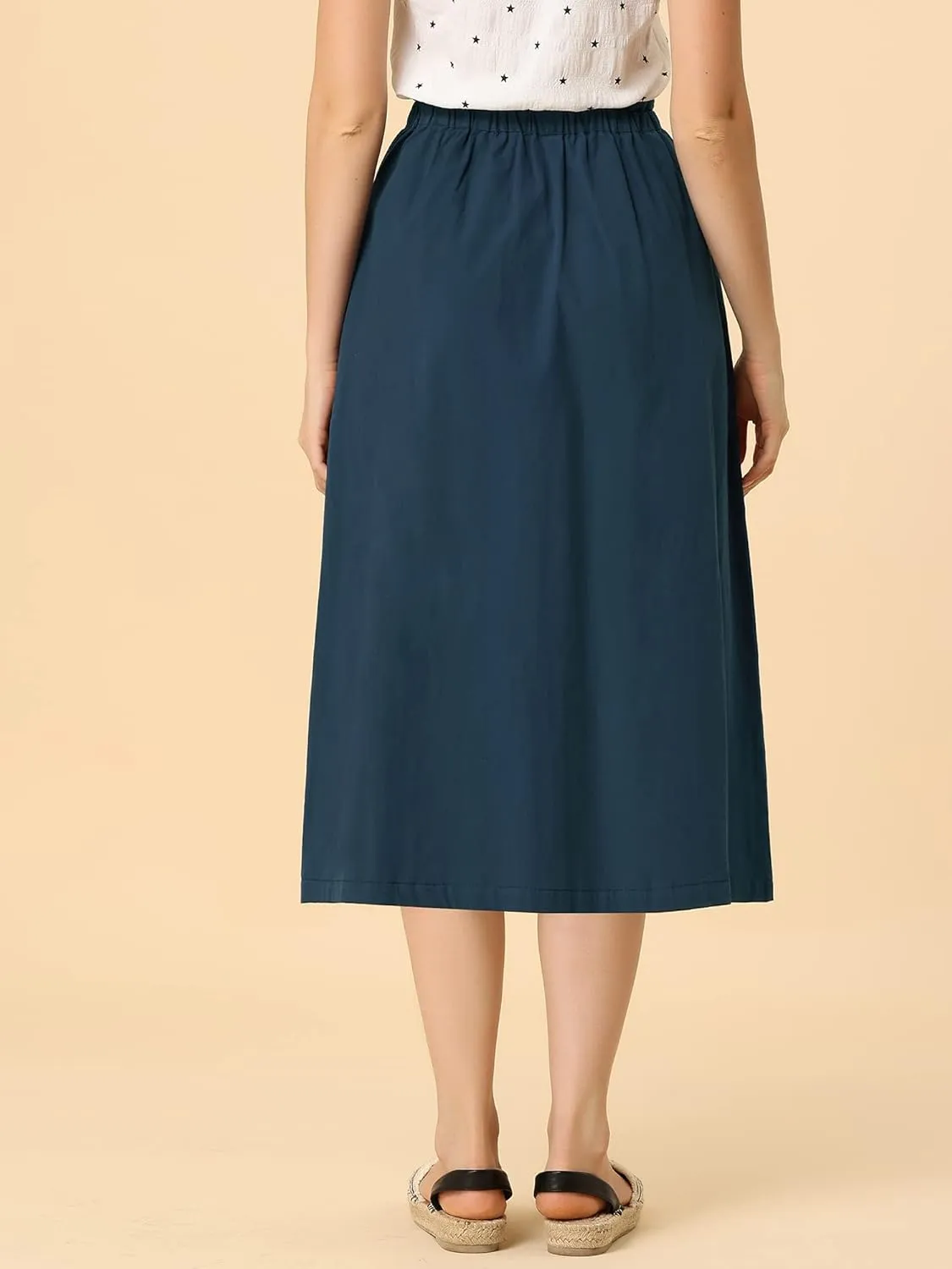 Allegra K Women's Casual Cotton Skirt Elastic Waist Scrub Peasant A-Line Midi Skirts with Pockets