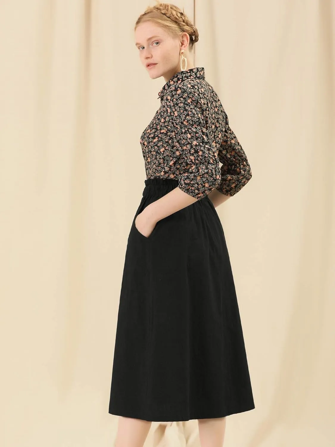 Allegra K Women's Casual Cotton Skirt Elastic Waist Scrub Peasant A-Line Midi Skirts with Pockets