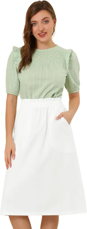 Allegra K Women's Casual Cotton Skirt Elastic Waist Scrub Peasant A-Line Midi Skirts with Pockets