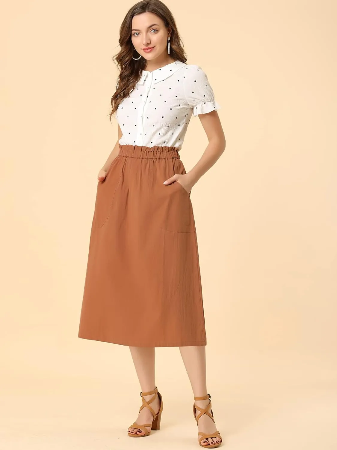 Allegra K Women's Casual Cotton Skirt Elastic Waist Scrub Peasant A-Line Midi Skirts with Pockets