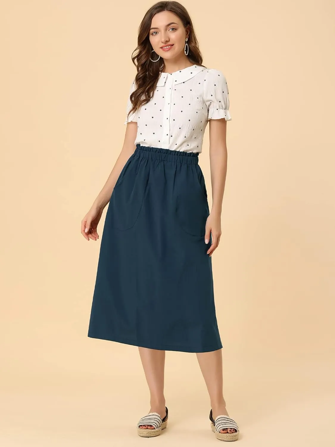 Allegra K Women's Casual Cotton Skirt Elastic Waist Scrub Peasant A-Line Midi Skirts with Pockets