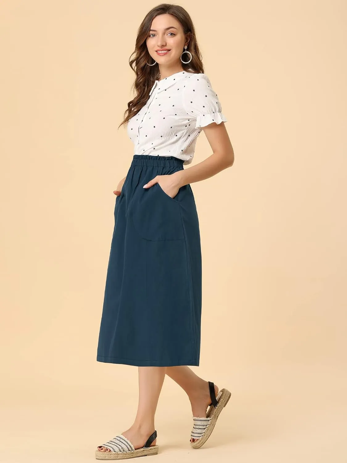 Allegra K Women's Casual Cotton Skirt Elastic Waist Scrub Peasant A-Line Midi Skirts with Pockets