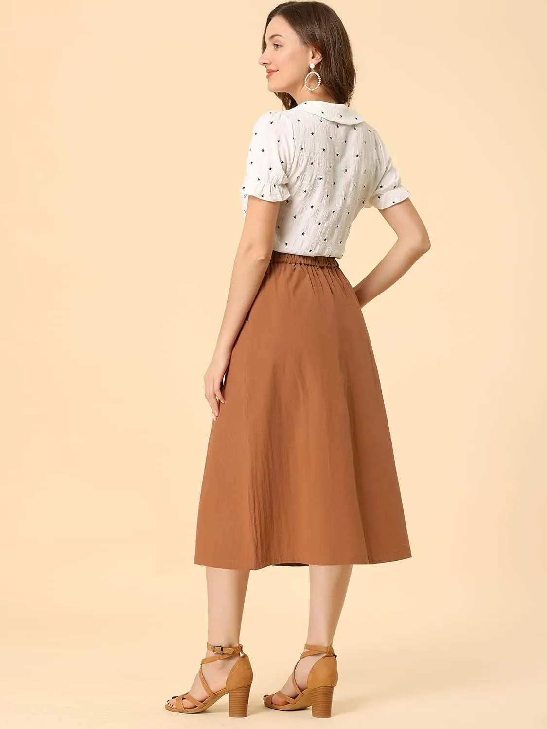 Allegra K Women's Casual Cotton Skirt Elastic Waist Scrub Peasant A-Line Midi Skirts with Pockets