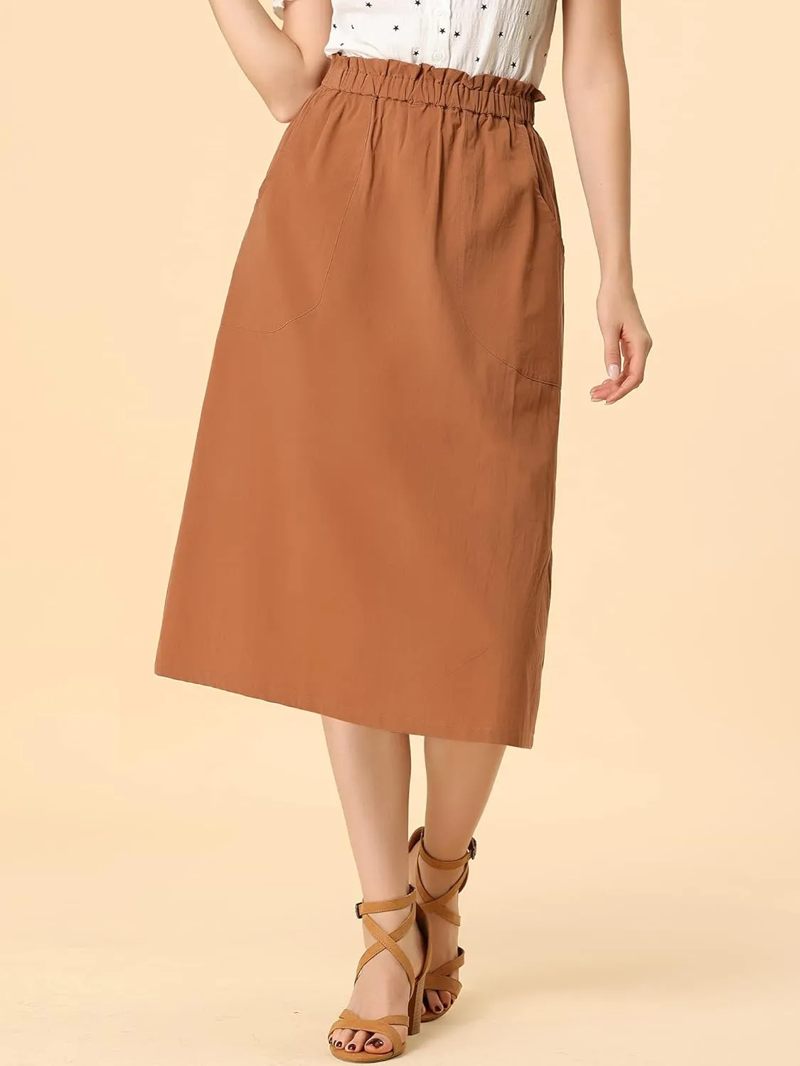 Allegra K Women's Casual Cotton Skirt Elastic Waist Scrub Peasant A-Line Midi Skirts with Pockets