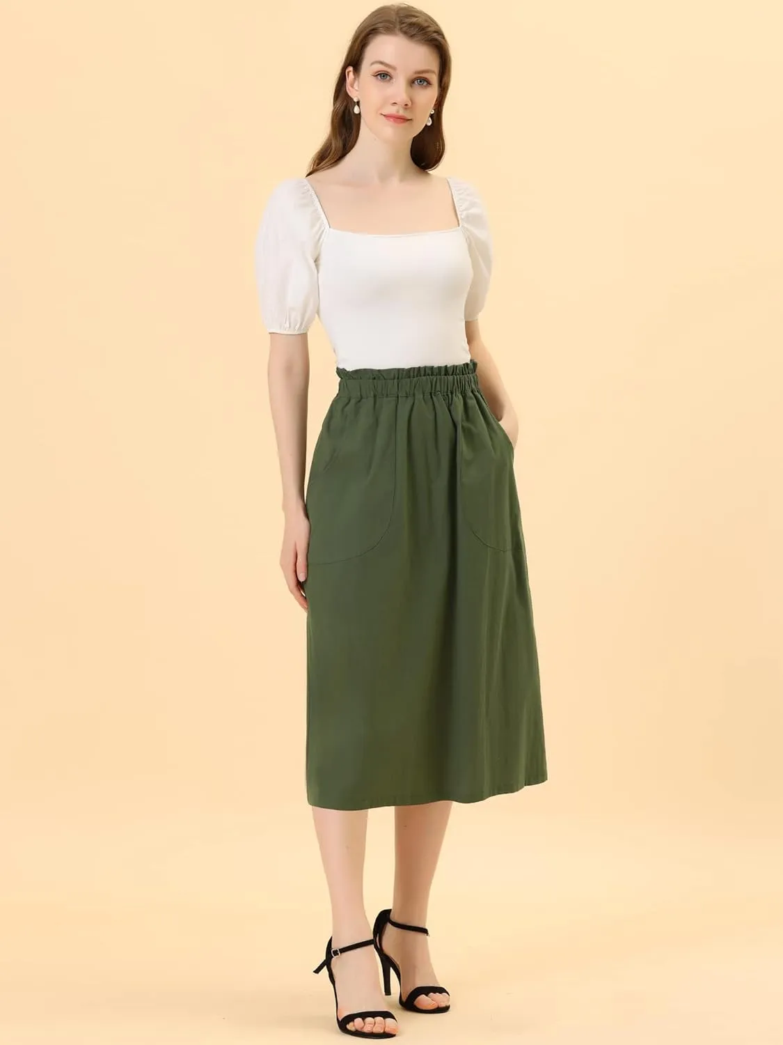 Allegra K Women's Casual Cotton Skirt Elastic Waist Scrub Peasant A-Line Midi Skirts with Pockets