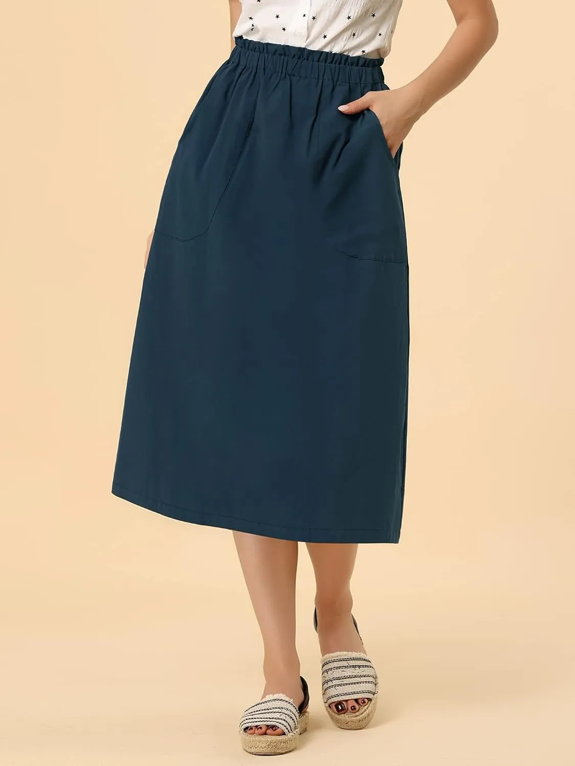 Allegra K Women's Casual Cotton Skirt Elastic Waist Scrub Peasant A-Line Midi Skirts with Pockets