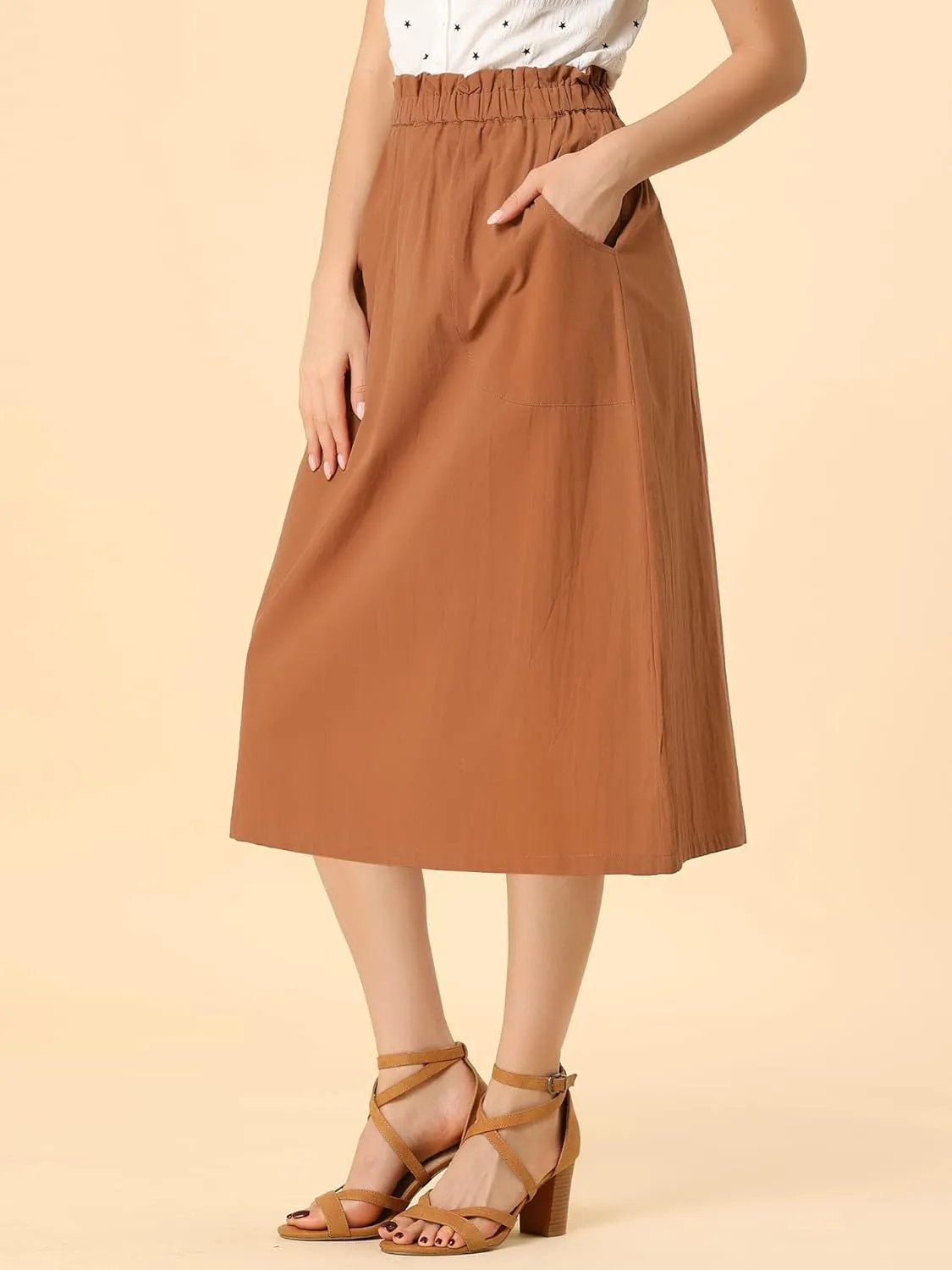 Allegra K Women's Casual Cotton Skirt Elastic Waist Scrub Peasant A-Line Midi Skirts with Pockets