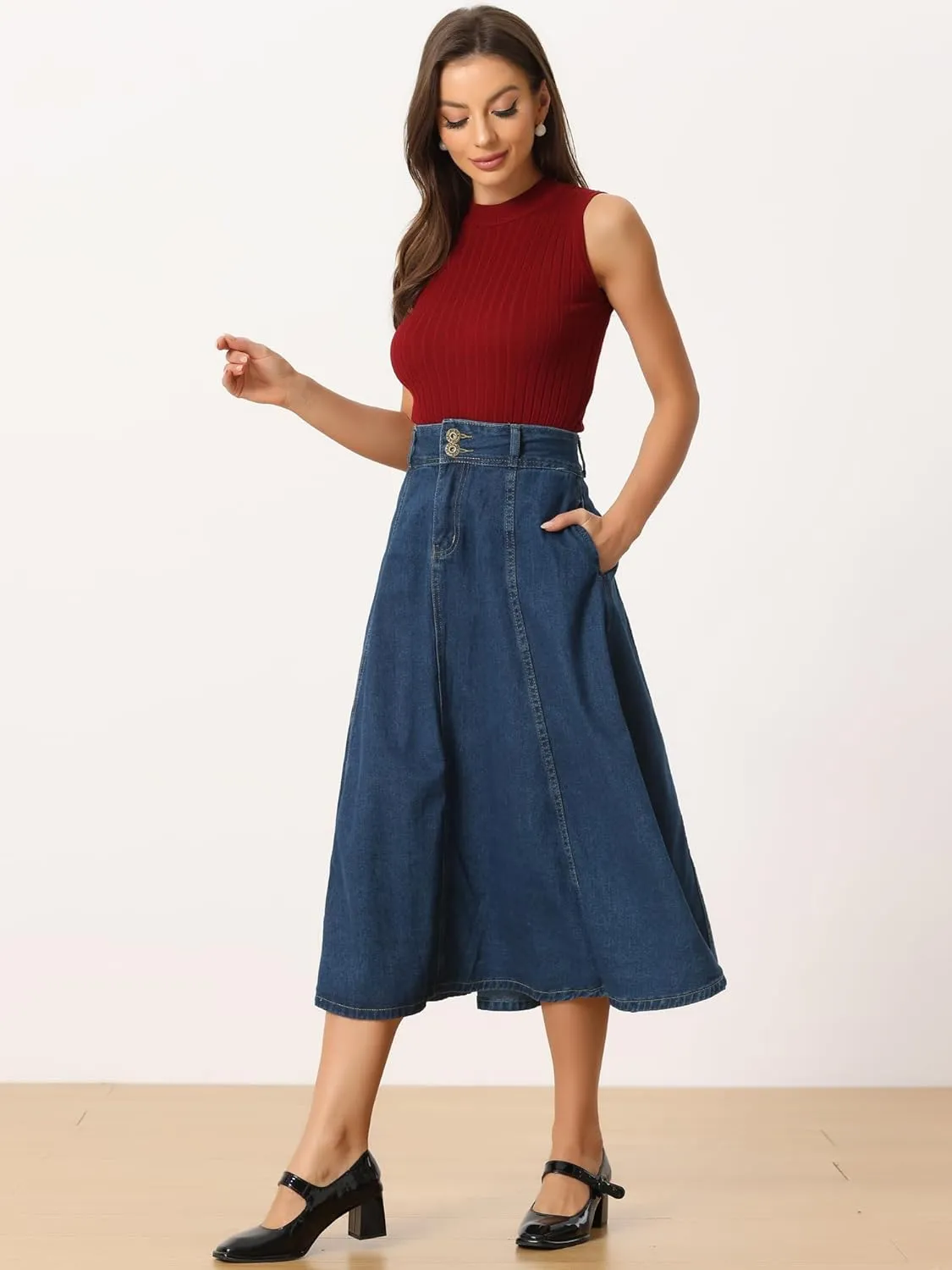 Allegra K Women's Casual Denim Skirt High Waist A-Line Classic Long Jean Skirts