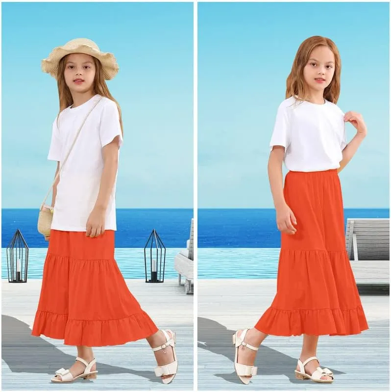 ALWAYSONE Girls' Casual Midi Skirt Soft Cotton Maxi Skirts Long Skirt with Elastic Waist for Girls 3-14 YearXS-2XL