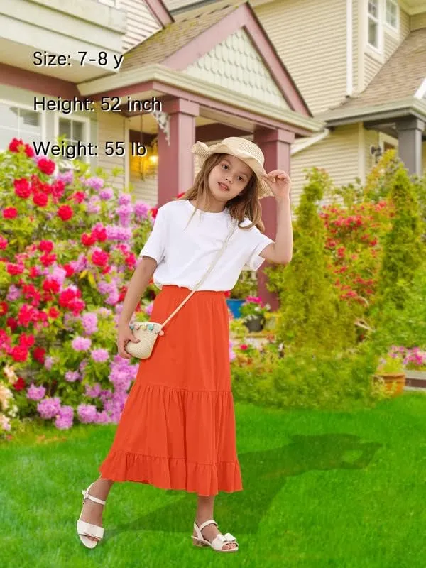 ALWAYSONE Girls' Casual Midi Skirt Soft Cotton Maxi Skirts Long Skirt with Elastic Waist for Girls 3-14 YearXS-2XL