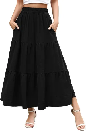 Berydress Long Skirts for Women with Pockets Trendy Elastic High Waist Flowy Swing A Line Ruffle Tiered Maxi Skirt