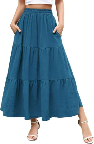 Berydress Long Skirts for Women with Pockets Trendy Elastic High Waist Flowy Swing A Line Ruffle Tiered Maxi Skirt