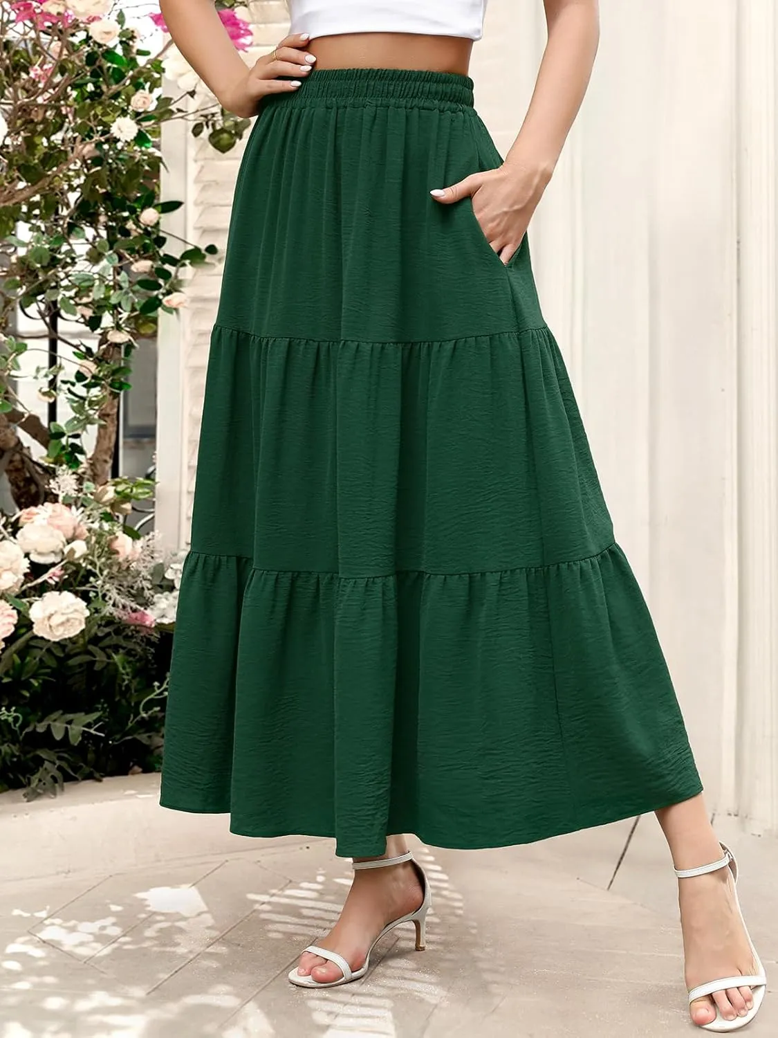 Berydress Long Skirts for Women with Pockets Trendy Elastic High Waist Flowy Swing A Line Ruffle Tiered Maxi Skirt