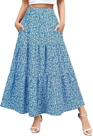Berydress Long Skirts for Women with Pockets Trendy Elastic High Waist Flowy Swing A Line Ruffle Tiered Maxi Skirt