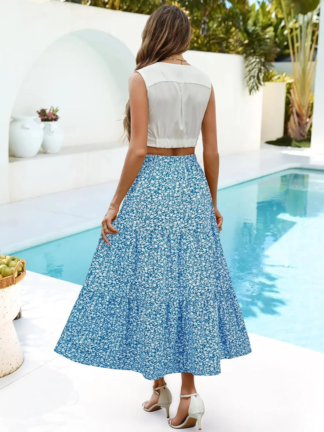 Berydress Long Skirts for Women with Pockets Trendy Elastic High Waist Flowy Swing A Line Ruffle Tiered Maxi Skirt