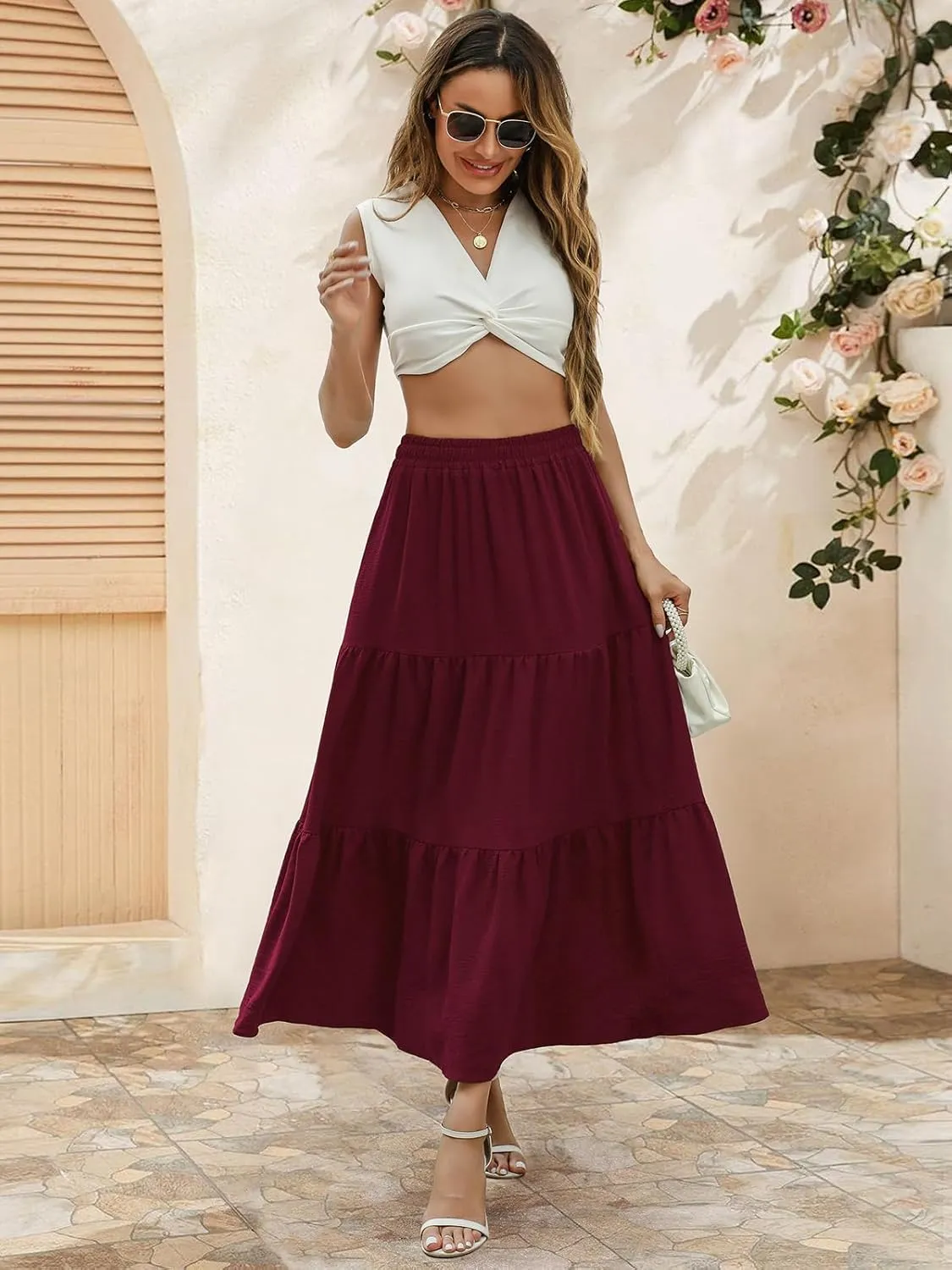 Berydress Long Skirts for Women with Pockets Trendy Elastic High Waist Flowy Swing A Line Ruffle Tiered Maxi Skirt