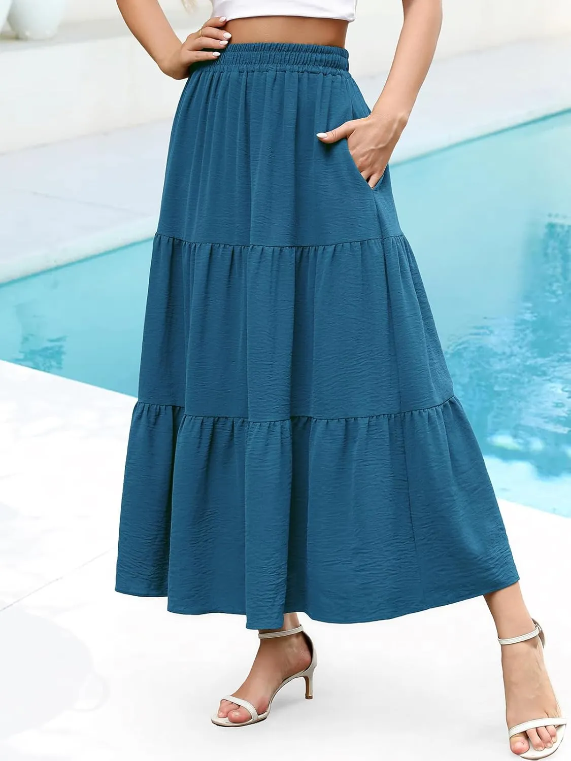 Berydress Long Skirts for Women with Pockets Trendy Elastic High Waist Flowy Swing A Line Ruffle Tiered Maxi Skirt