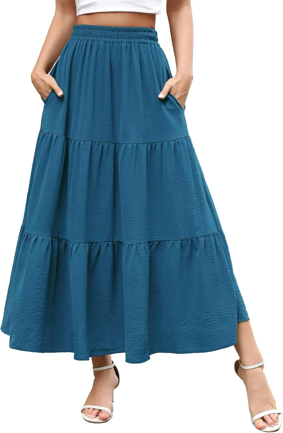 Berydress Long Skirts for Women with Pockets Trendy Elastic High Waist Flowy Swing A Line Ruffle Tiered Maxi Skirt
