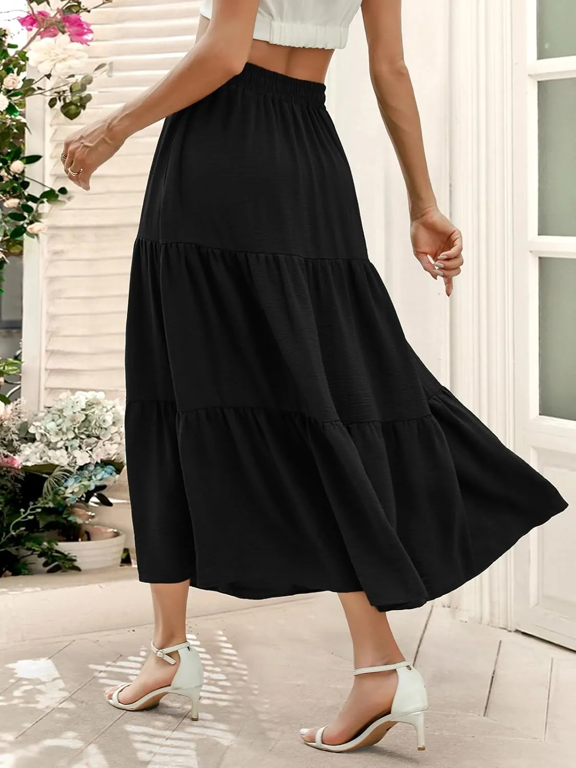 Berydress Long Skirts for Women with Pockets Trendy Elastic High Waist Flowy Swing A Line Ruffle Tiered Maxi Skirt