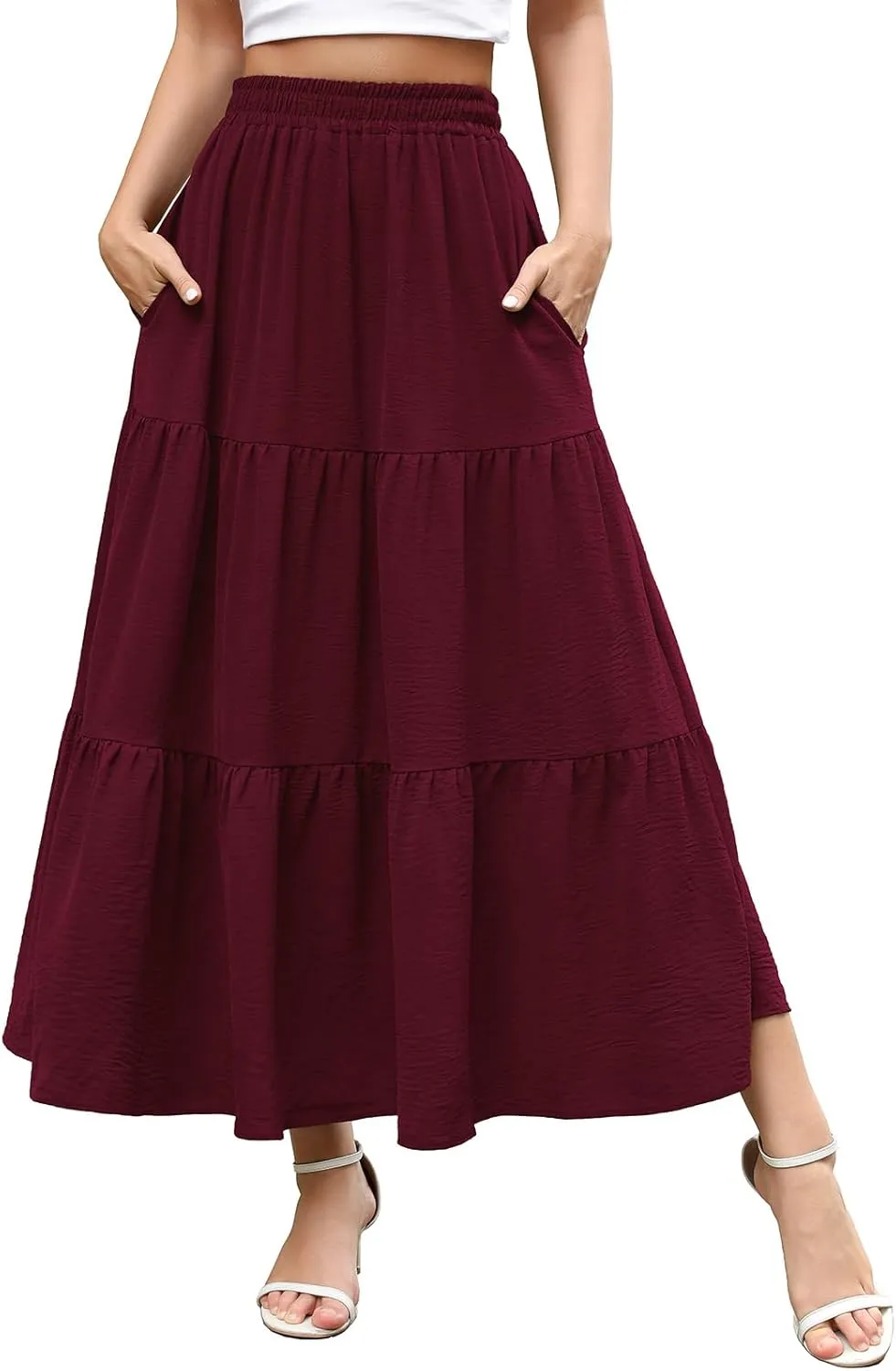 Berydress Long Skirts for Women with Pockets Trendy Elastic High Waist Flowy Swing A Line Ruffle Tiered Maxi Skirt