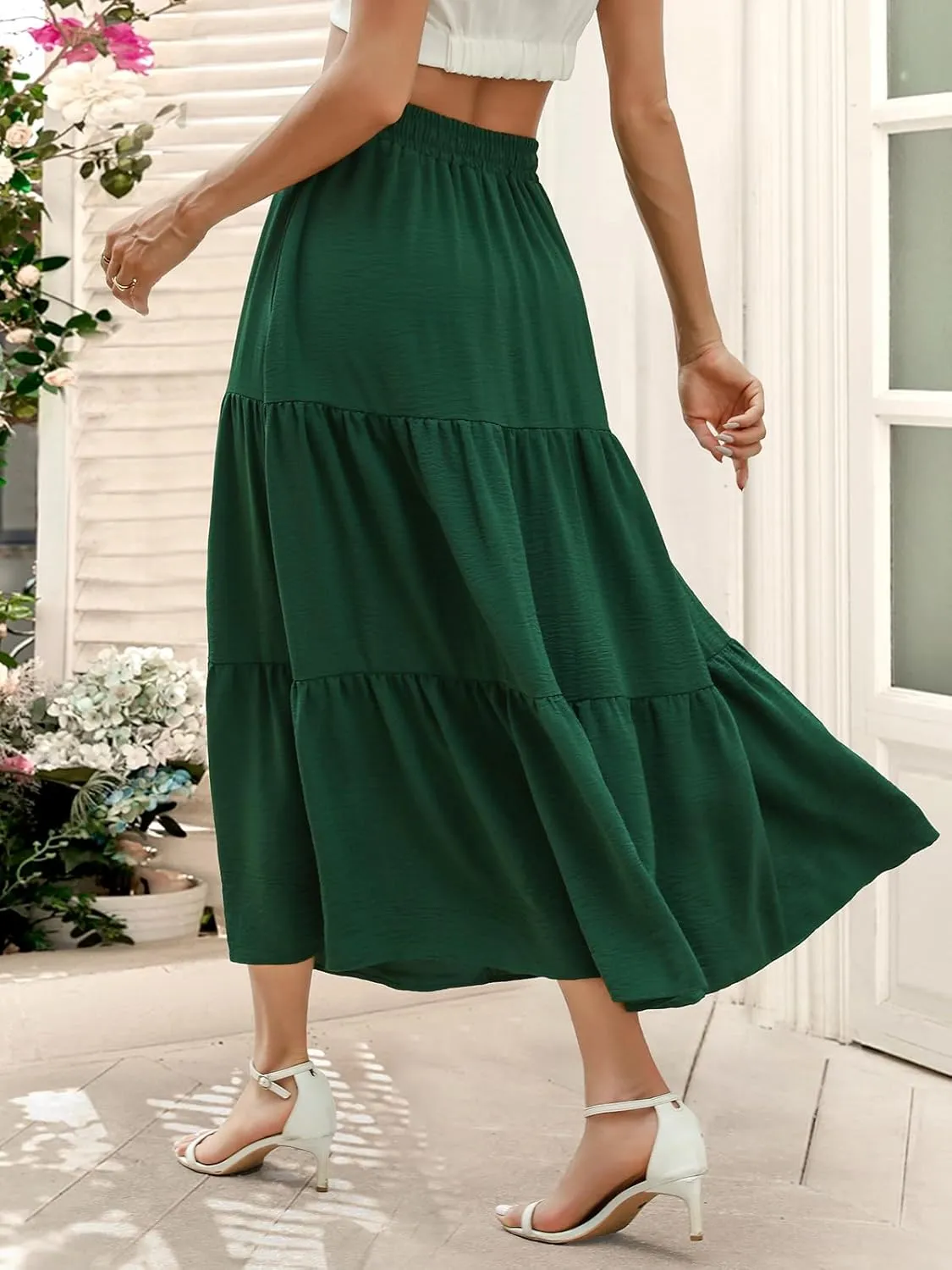 Berydress Long Skirts for Women with Pockets Trendy Elastic High Waist Flowy Swing A Line Ruffle Tiered Maxi Skirt