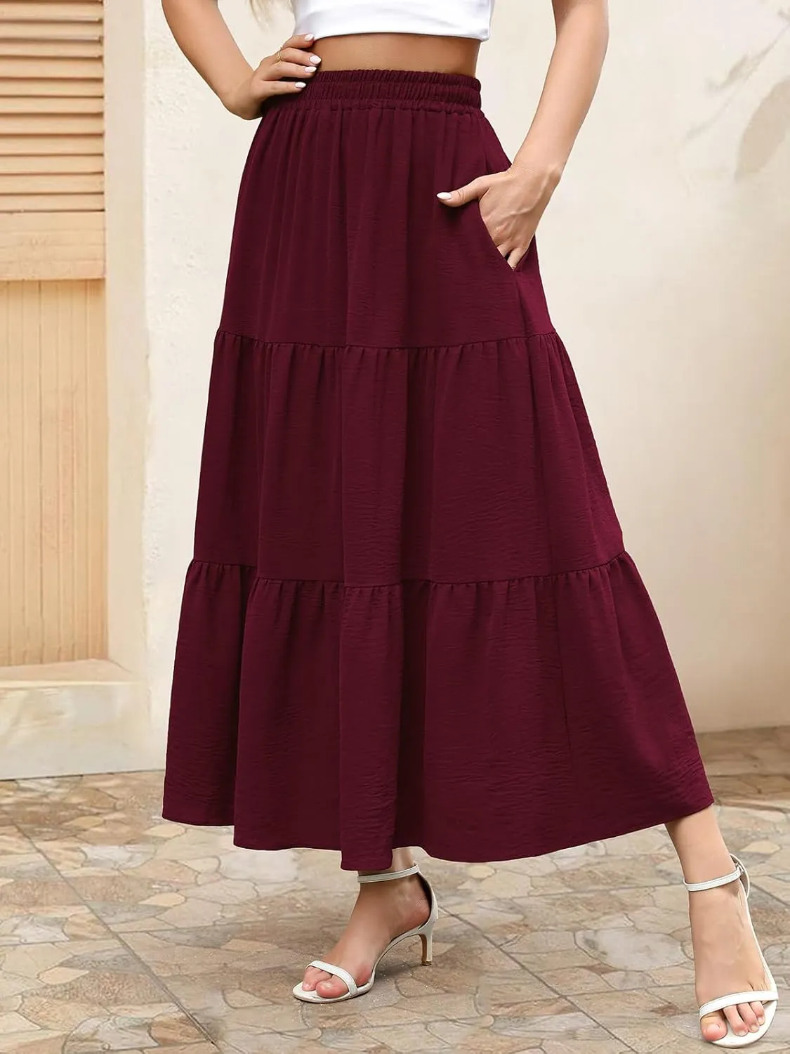 Berydress Long Skirts for Women with Pockets Trendy Elastic High Waist Flowy Swing A Line Ruffle Tiered Maxi Skirt