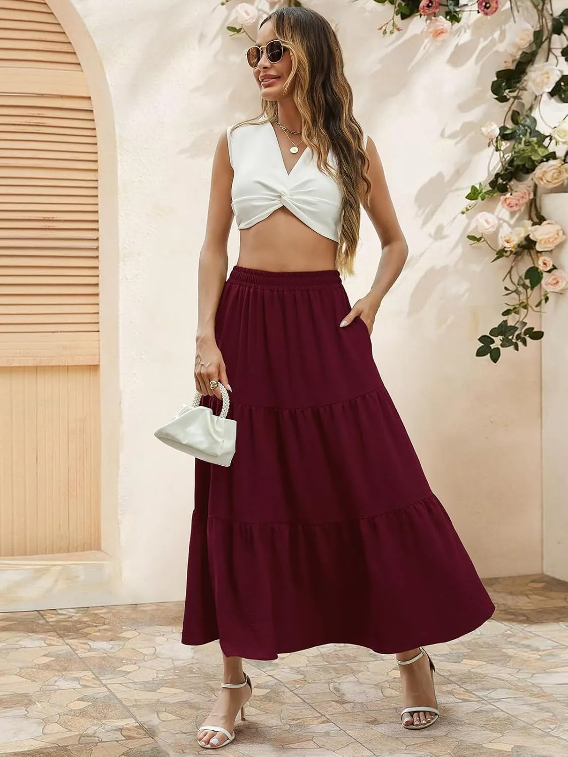 Berydress Long Skirts for Women with Pockets Trendy Elastic High Waist Flowy Swing A Line Ruffle Tiered Maxi Skirt