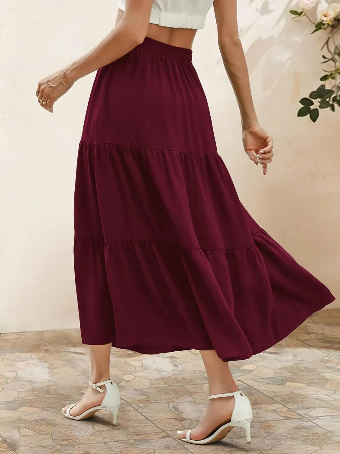 Berydress Long Skirts for Women with Pockets Trendy Elastic High Waist Flowy Swing A Line Ruffle Tiered Maxi Skirt