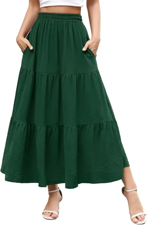 Berydress Long Skirts for Women with Pockets Trendy Elastic High Waist Flowy Swing A Line Ruffle Tiered Maxi Skirt
