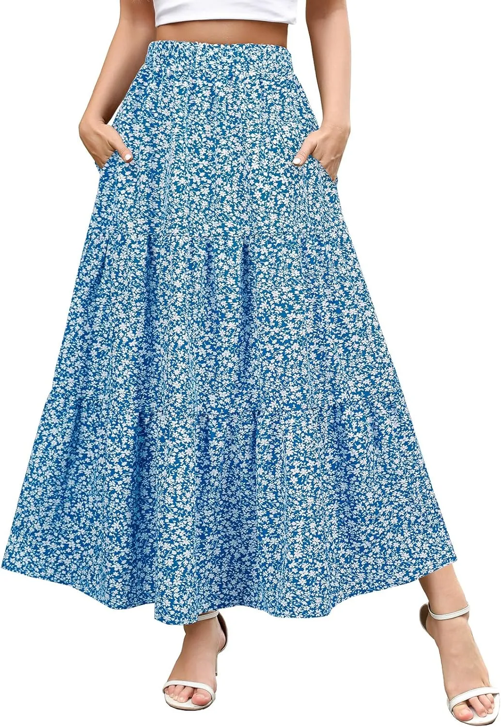 Berydress Long Skirts for Women with Pockets Trendy Elastic High Waist Flowy Swing A Line Ruffle Tiered Maxi Skirt
