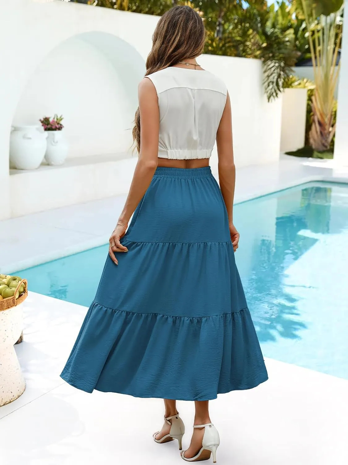 Berydress Long Skirts for Women with Pockets Trendy Elastic High Waist Flowy Swing A Line Ruffle Tiered Maxi Skirt