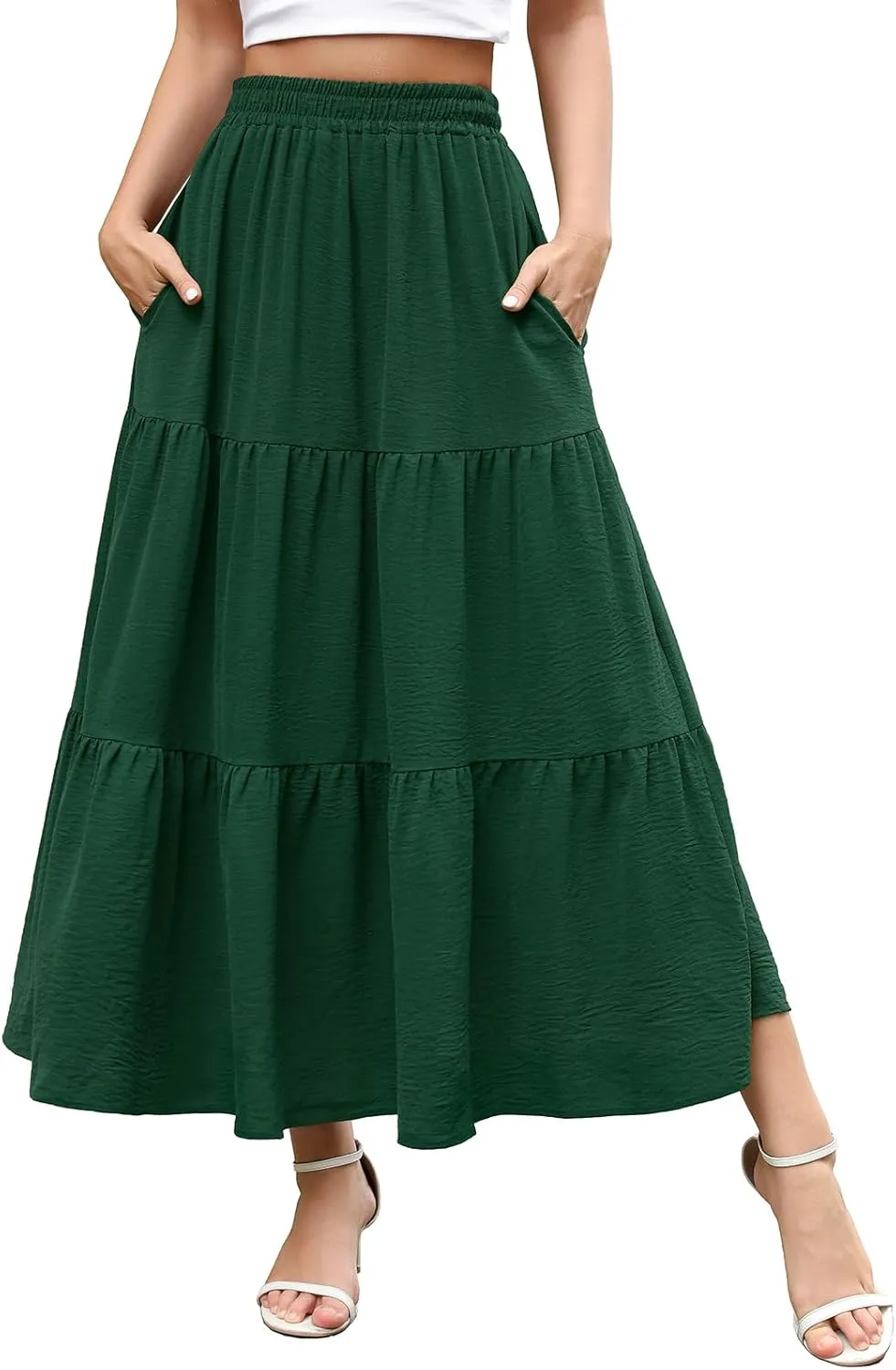 Berydress Long Skirts for Women with Pockets Trendy Elastic High Waist Flowy Swing A Line Ruffle Tiered Maxi Skirt