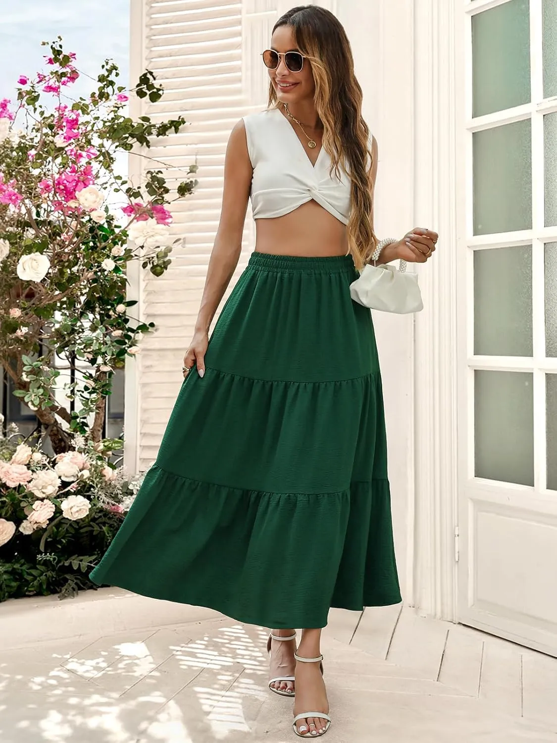 Berydress Long Skirts for Women with Pockets Trendy Elastic High Waist Flowy Swing A Line Ruffle Tiered Maxi Skirt