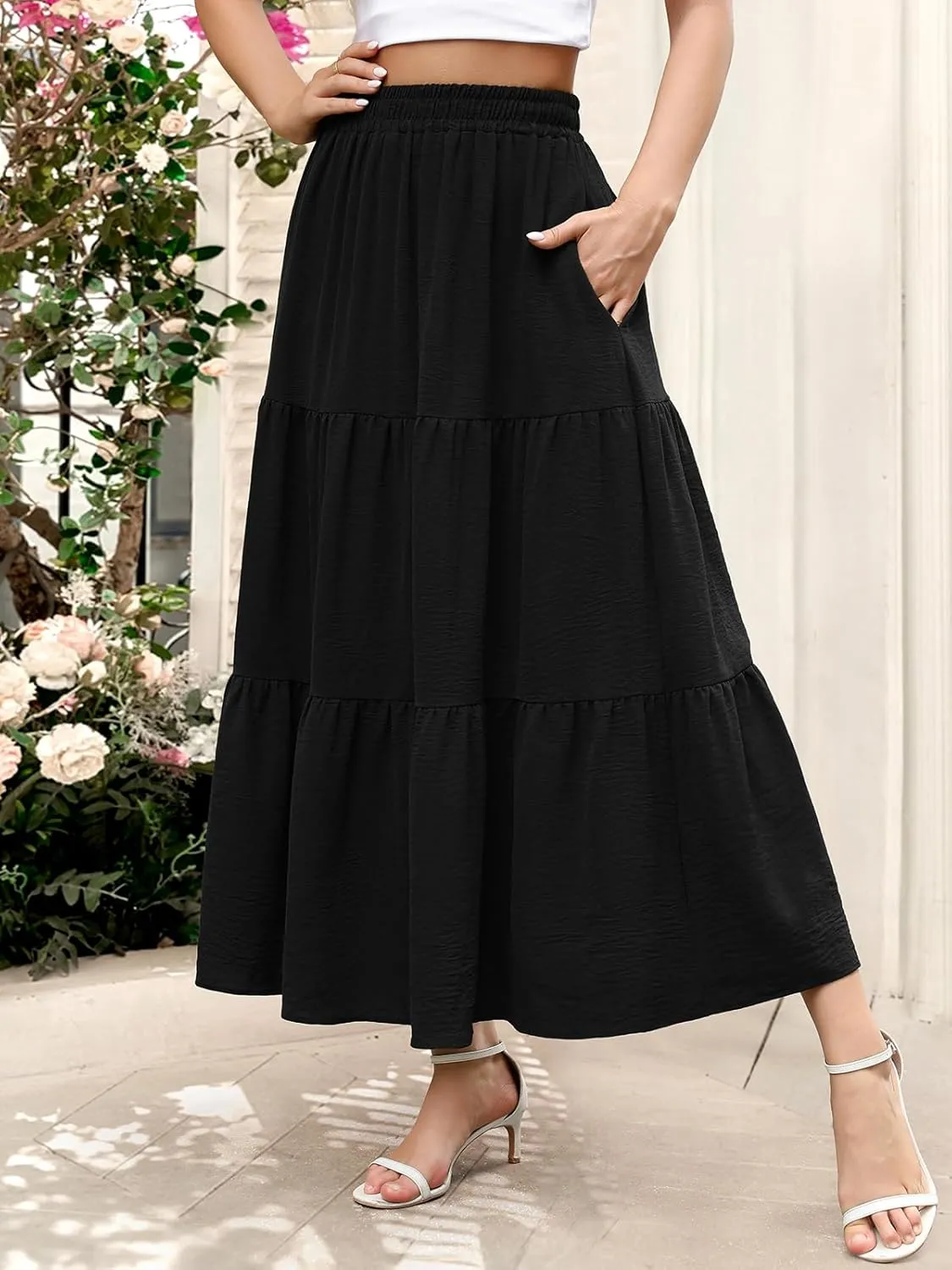 Berydress Long Skirts for Women with Pockets Trendy Elastic High Waist Flowy Swing A Line Ruffle Tiered Maxi Skirt