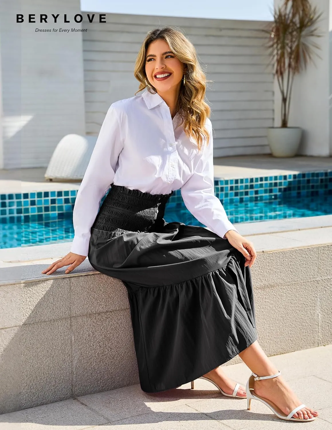 BeryLove Womens Summer Boho Flowy Tiered A-Line Midi Skirt 2025 Fashion Elastic Waist Pleated Long Beach Skirt