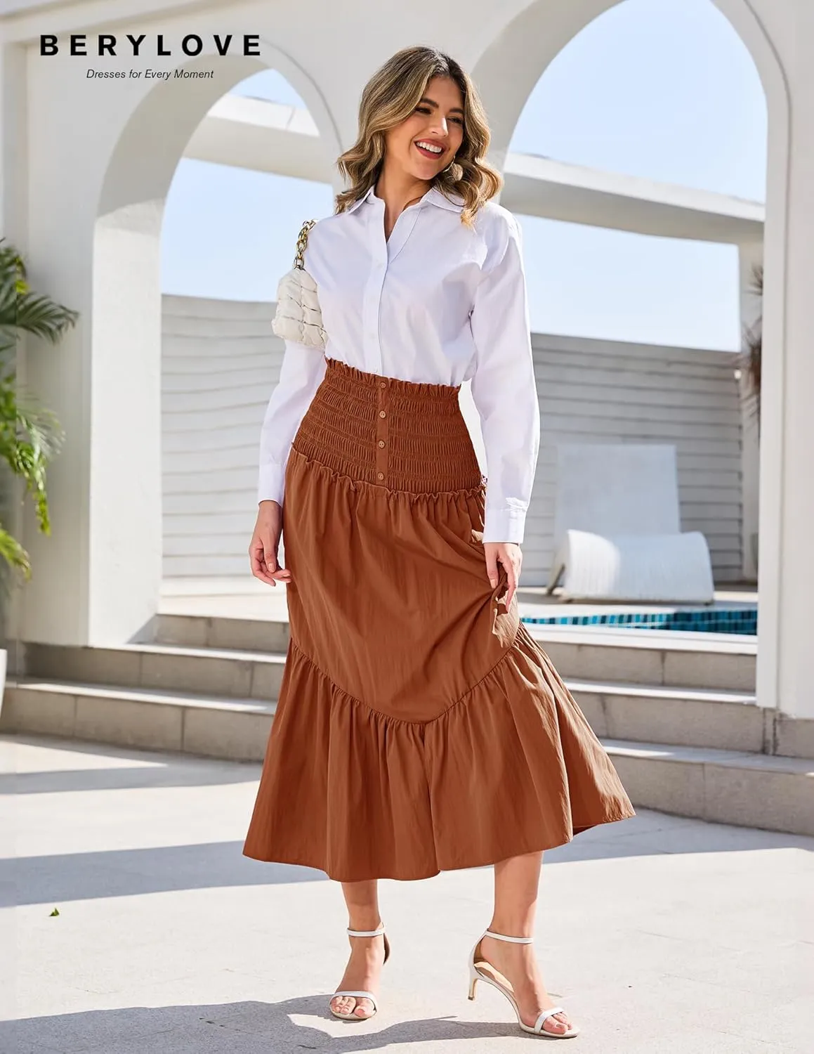 BeryLove Womens Summer Boho Flowy Tiered A-Line Midi Skirt 2025 Fashion Elastic Waist Pleated Long Beach Skirt