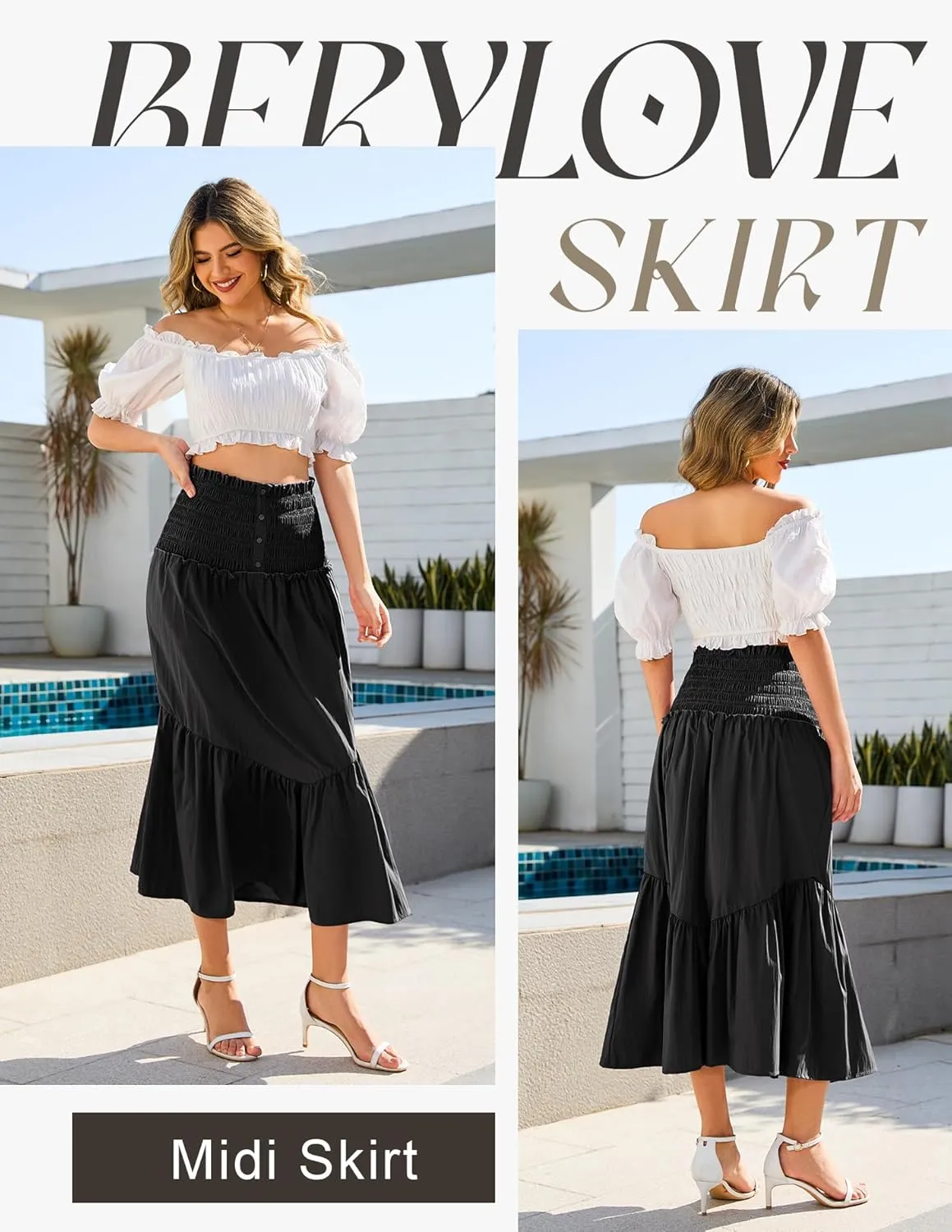 BeryLove Womens Summer Boho Flowy Tiered A-Line Midi Skirt 2025 Fashion Elastic Waist Pleated Long Beach Skirt
