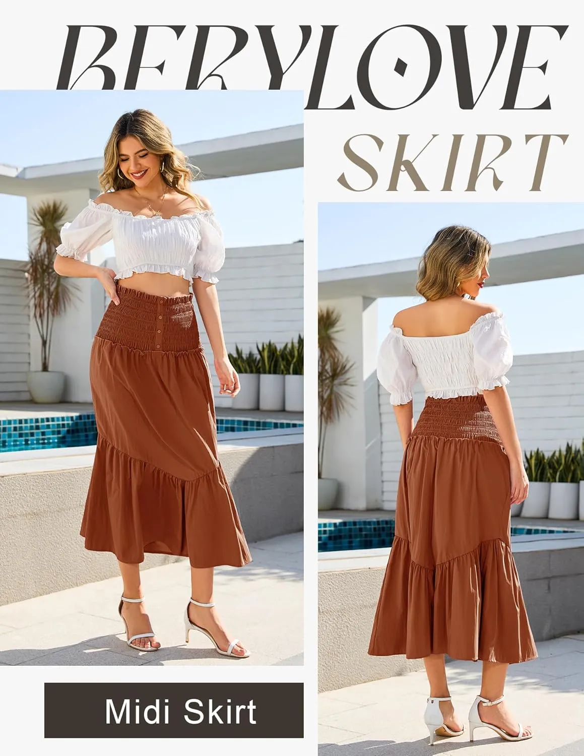 BeryLove Womens Summer Boho Flowy Tiered A-Line Midi Skirt 2025 Fashion Elastic Waist Pleated Long Beach Skirt