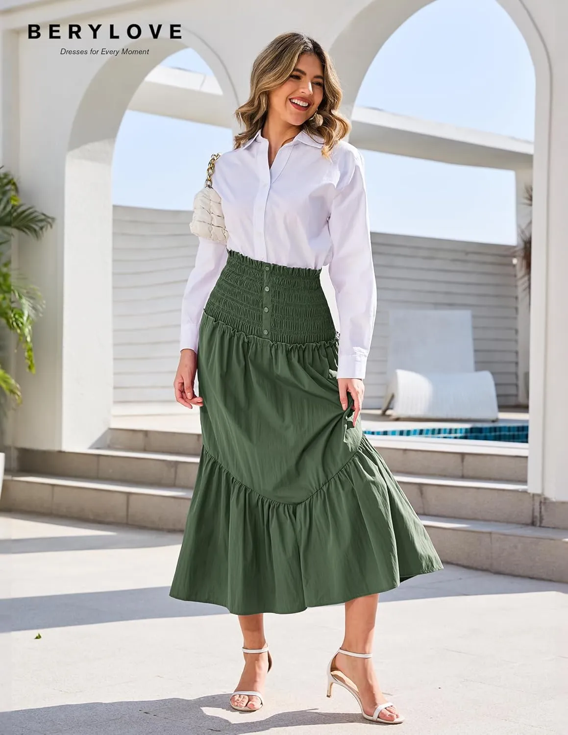 BeryLove Womens Summer Boho Flowy Tiered A-Line Midi Skirt 2025 Fashion Elastic Waist Pleated Long Beach Skirt