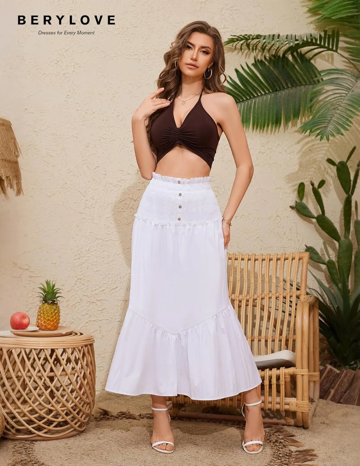 BeryLove Womens Summer Boho Flowy Tiered A-Line Midi Skirt 2025 Fashion Elastic Waist Pleated Long Beach Skirt