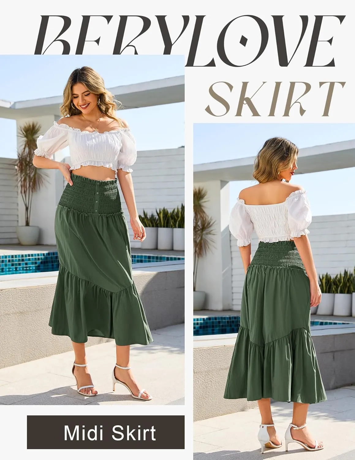 BeryLove Womens Summer Boho Flowy Tiered A-Line Midi Skirt 2025 Fashion Elastic Waist Pleated Long Beach Skirt