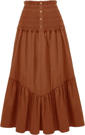 BeryLove Womens Summer Boho Flowy Tiered A-Line Midi Skirt 2025 Fashion Elastic Waist Pleated Long Beach Skirt
