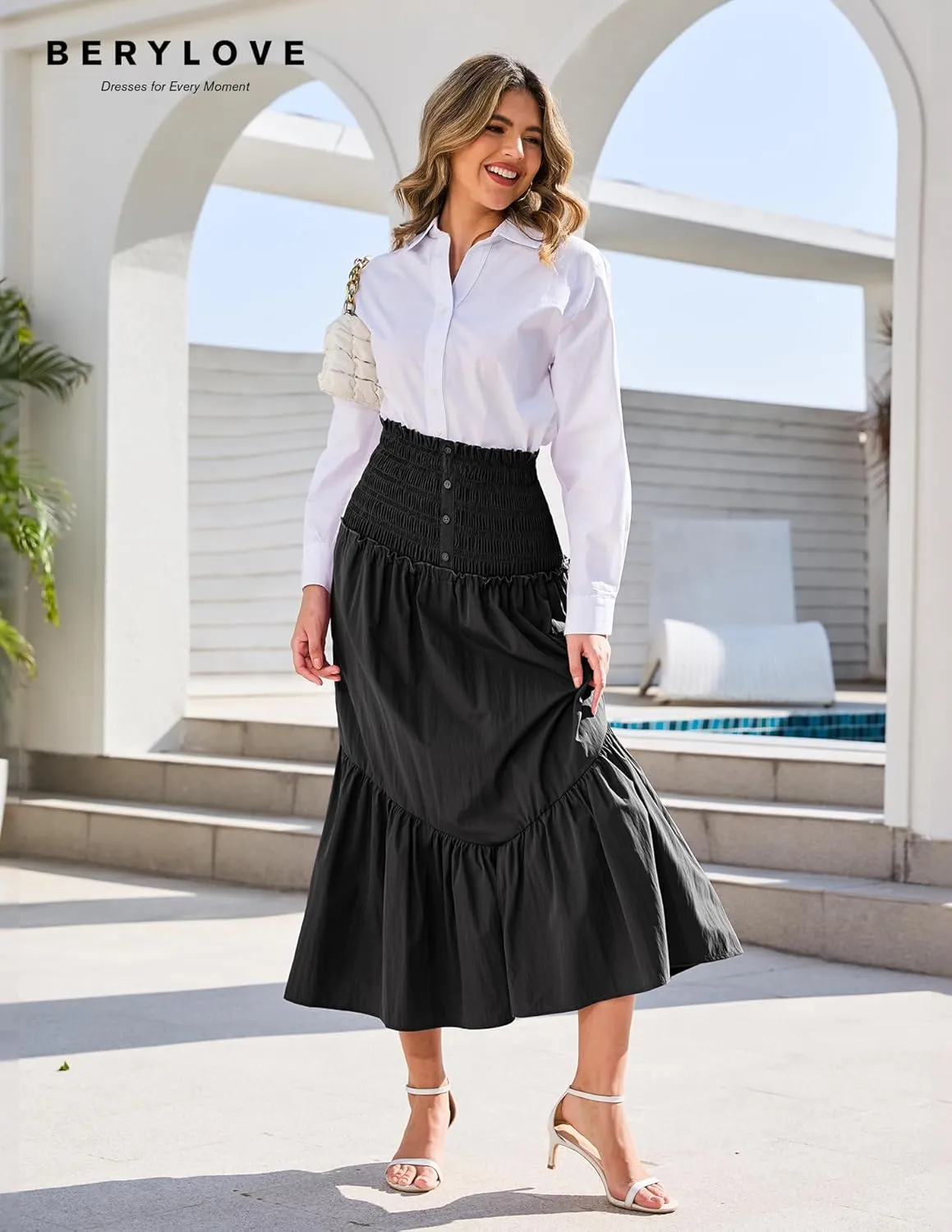 BeryLove Womens Summer Boho Flowy Tiered A-Line Midi Skirt 2025 Fashion Elastic Waist Pleated Long Beach Skirt