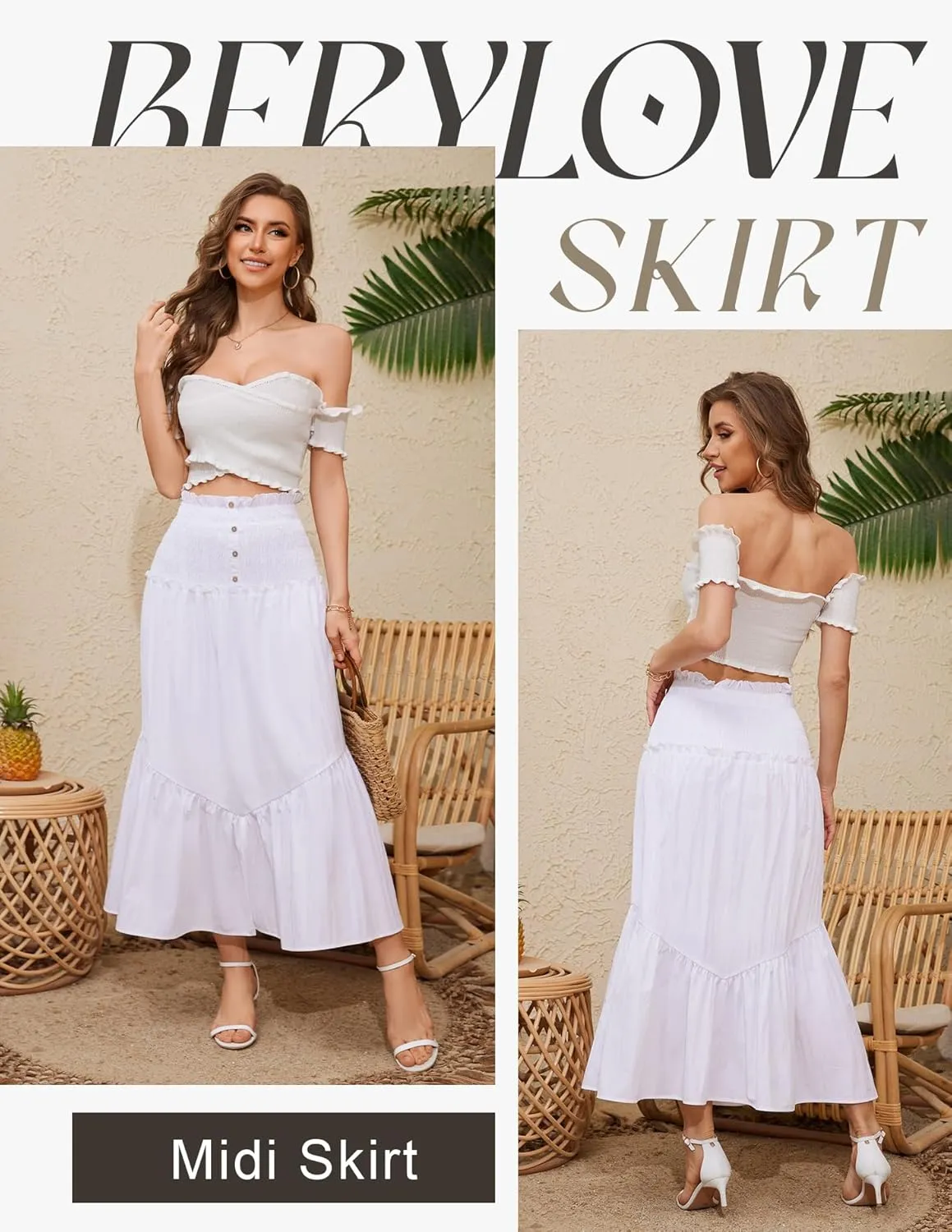 BeryLove Womens Summer Boho Flowy Tiered A-Line Midi Skirt 2025 Fashion Elastic Waist Pleated Long Beach Skirt