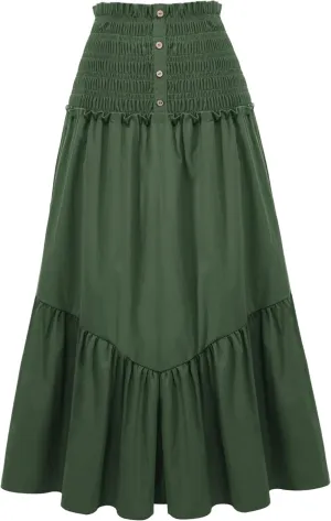 BeryLove Womens Summer Boho Flowy Tiered A-Line Midi Skirt 2025 Fashion Elastic Waist Pleated Long Beach Skirt