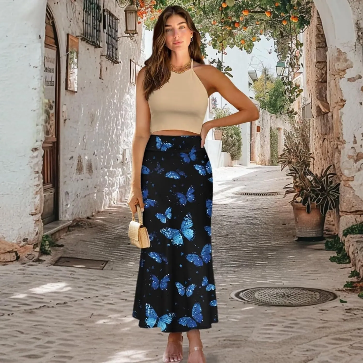 Biyejit Womens Basic Foldable High Waist Long Skirts Regular and Plus Size Maxi Skirts S-2XL