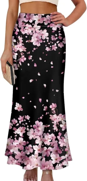 Biyejit Womens Basic Foldable High Waist Long Skirts Regular and Plus Size Maxi Skirts S-2XL