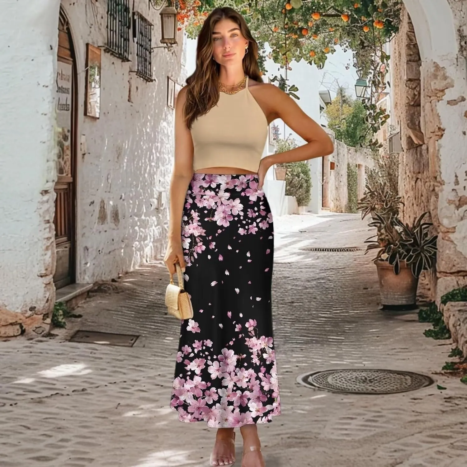 Biyejit Womens Basic Foldable High Waist Long Skirts Regular and Plus Size Maxi Skirts S-2XL