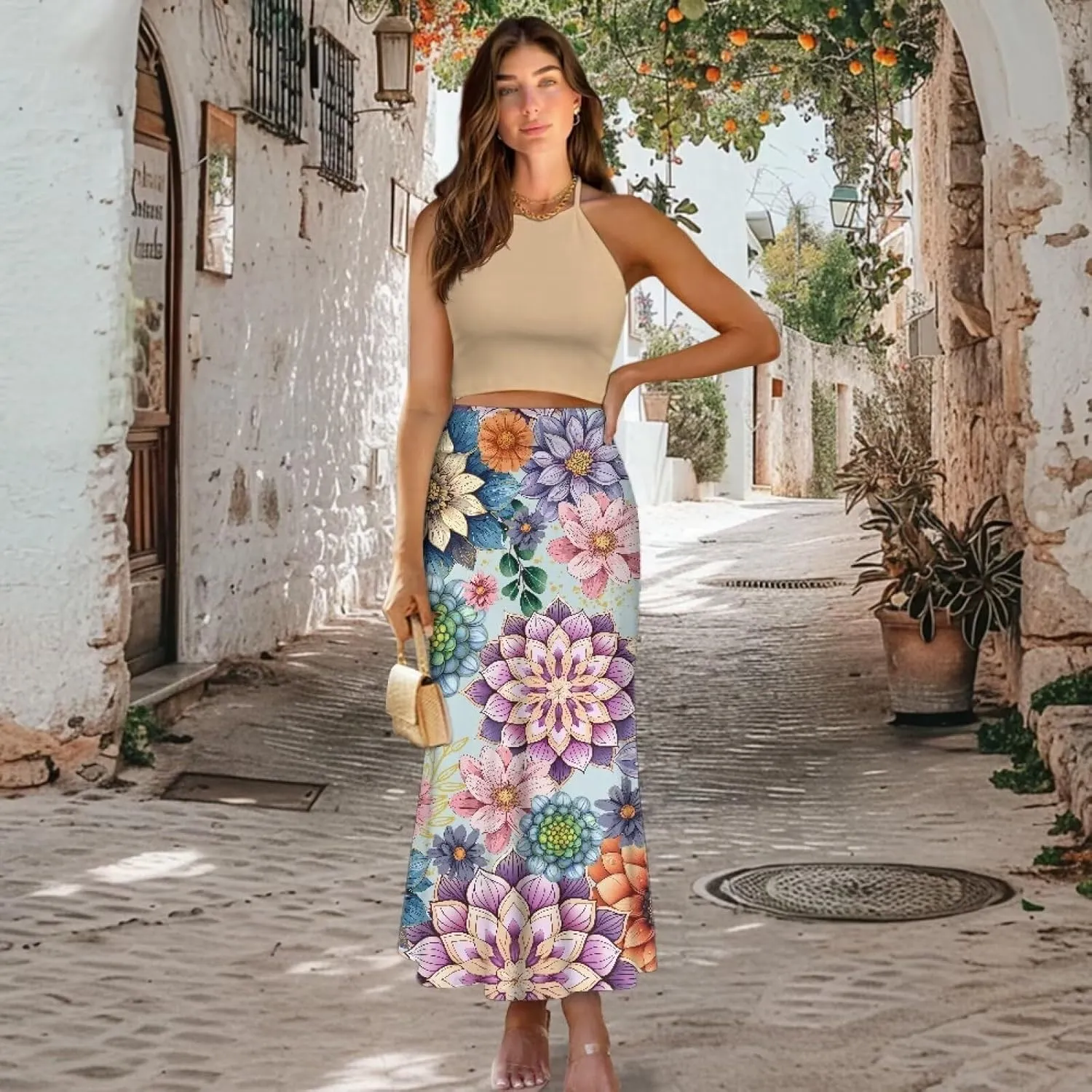 Biyejit Womens Basic Foldable High Waist Long Skirts Regular and Plus Size Maxi Skirts S-2XL